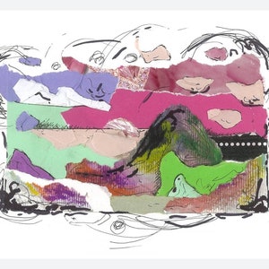 May include: Abstract collage artwork depicting a landscape with mountains, sky, and clouds. The artwork is created using paper scraps and painted in various colours, including pink, green, purple, and black.