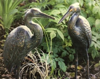 Crane Pair Bronze finish Garden Heron set Love Cranes Storks Cast Aluminium