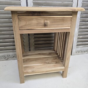 Sängbord litet trä med en låda, rektangulär design, sidobord i trä med ribbor, massiv teak, obehandlad, klar för vaxning bild 2