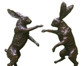 Bronze Boxing Hares Life size , Pair of hot cast Boxing hares , Bronze hare pair