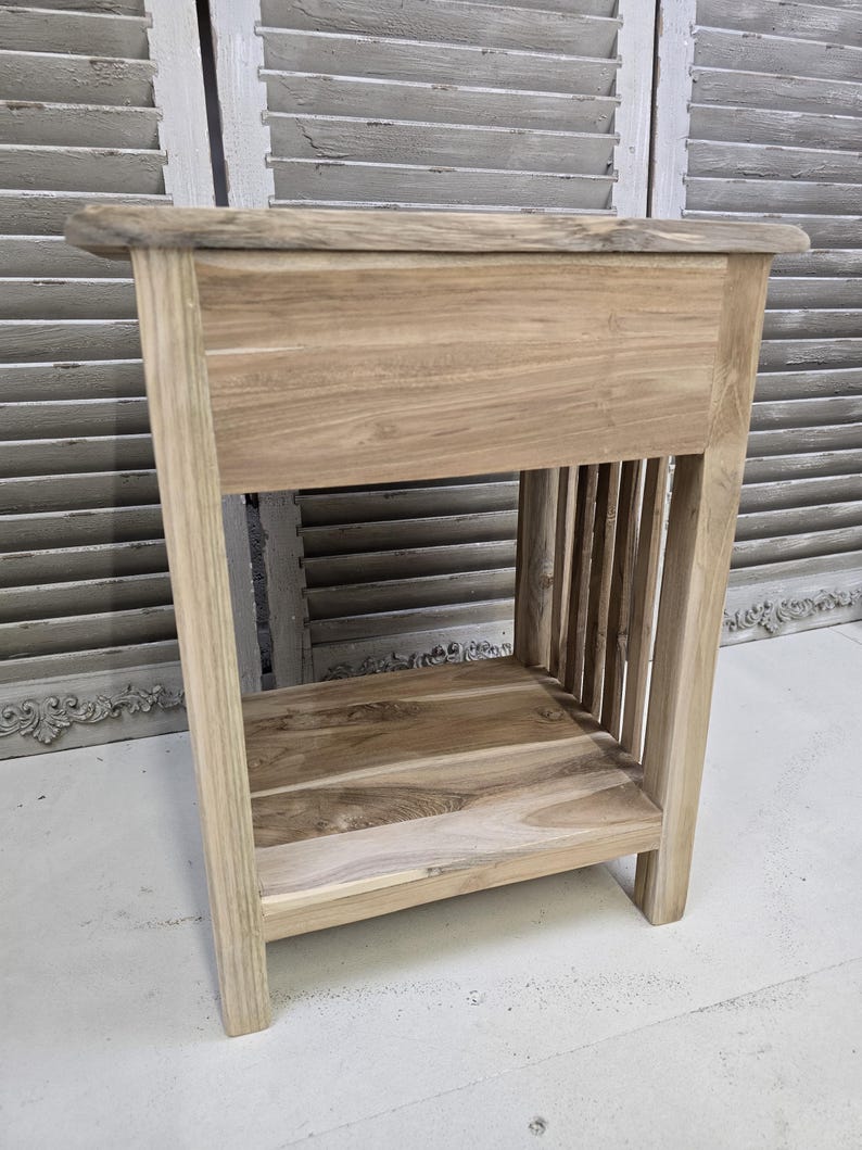 Sängbord litet trä med en låda, rektangulär design, sidobord i trä med ribbor, massiv teak, obehandlad, klar för vaxning bild 6