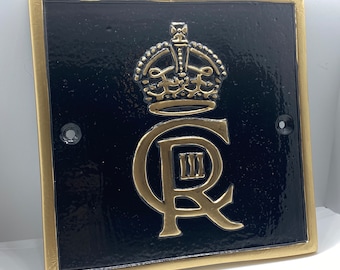 CR III King Charles the third cypher black and gold Sign King Charles the third Square Plaque Tribute wall sign Royal Family