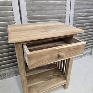 Sängbord litet trä med en låda, rektangulär design, sidobord i trä med ribbor, massiv teak, obehandlad, klar för vaxning bild 5