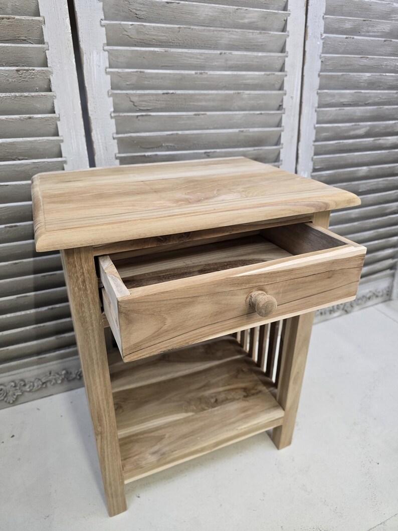 Sängbord litet trä med en låda, rektangulär design, sidobord i trä med ribbor, massiv teak, obehandlad, klar för vaxning bild 5