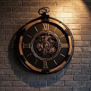 Svart klocka med träram, kugghjul, svart urtavla, romerska siffror, fickur, väggklocka i stor storlek, animerad design