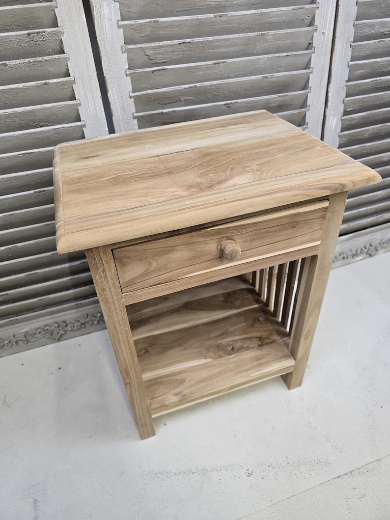 Sängbord litet trä med en låda, rektangulär design, sidobord i trä med ribbor, massiv teak, obehandlad, klar för vaxning bild 7