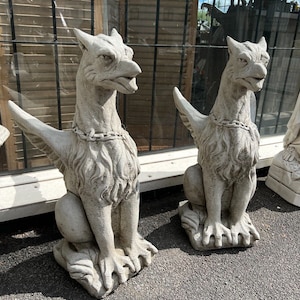 Grey Stone Gargoyles Pair sitting eagle dragon Entrance Castle stately home pieces Griffin styled