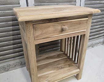 Teakhouten nachtkastje, klein nachtkastje met latten, onbewerkt hout