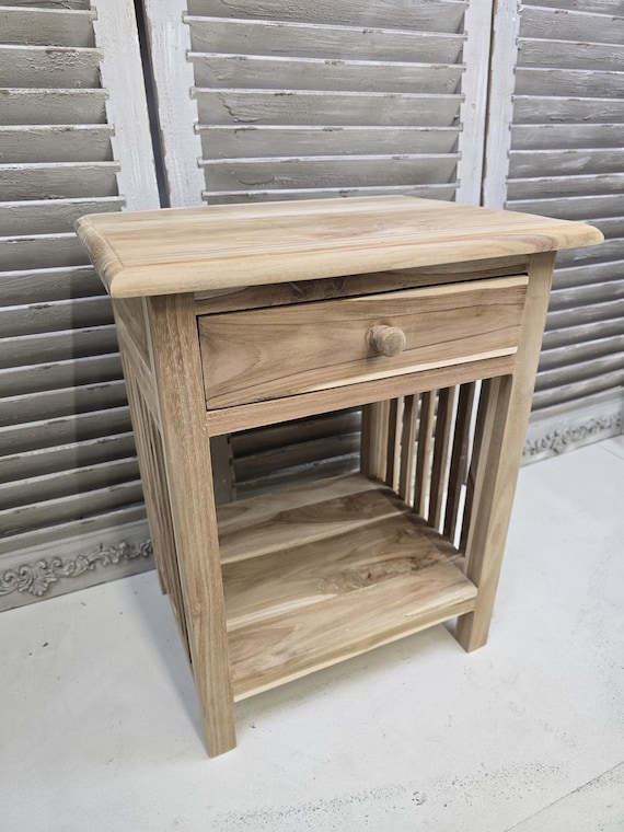 Bedside table small wooden single drawer rectangular design wood side table slatted bedside table solid Teak unfinished ready to wax paint