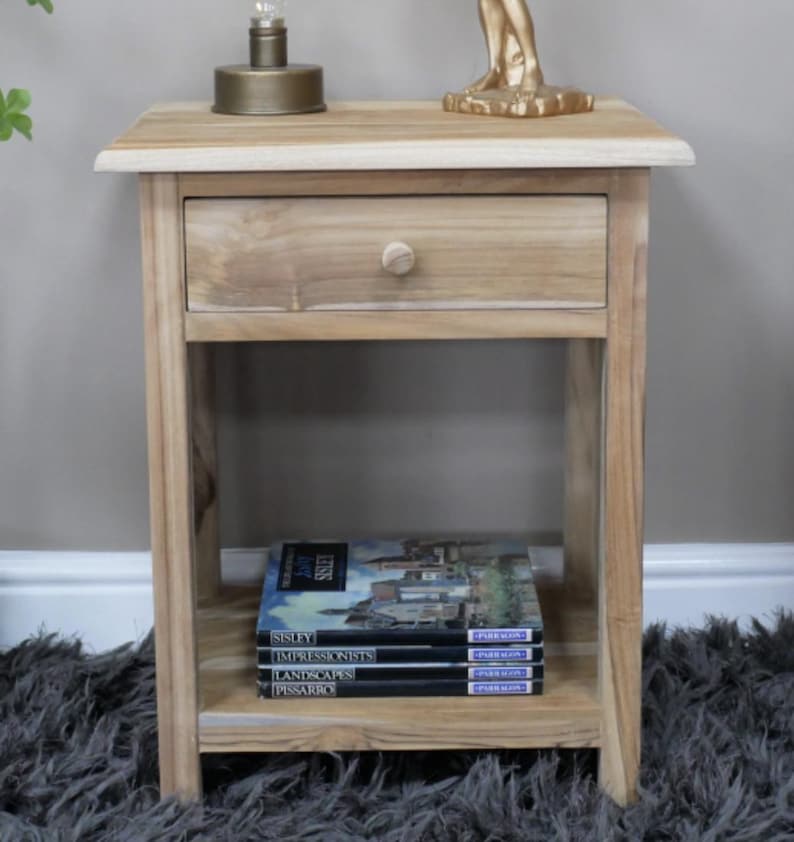 Sängbord litet trä med en låda, rektangulär design, sidobord i trä med ribbor, massiv teak, obehandlad, klar för vaxning bild 13