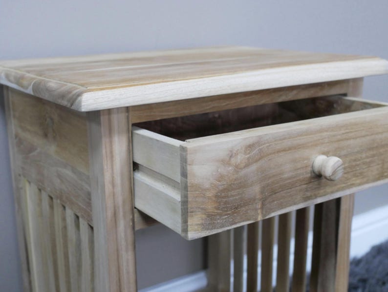 Sängbord litet trä med en låda, rektangulär design, sidobord i trä med ribbor, massiv teak, obehandlad, klar för vaxning bild 12