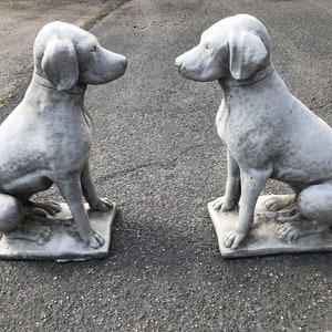 May include: Two grey concrete dog statues. Each dog is seated on a square base, with a collar around its neck. The dogs face each other, with their ears flopped down. The statues have a weathered, textured appearance.