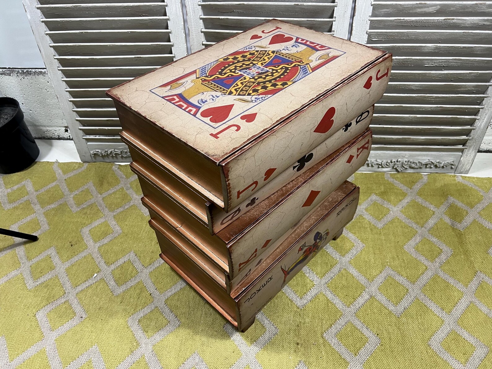 Card Stack Draw Box Drawers Playing Card Design Small Wooden Faux Book Stack Deck of Cards ...