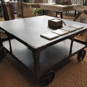 Industrial Coffee Table With Wheels Trolly Industrial Metal Square ...
