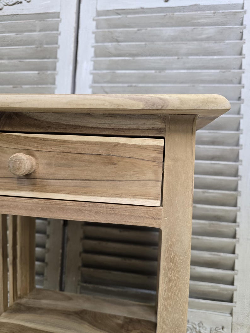 Sängbord litet trä med en låda, rektangulär design, sidobord i trä med ribbor, massiv teak, obehandlad, klar för vaxning bild 4