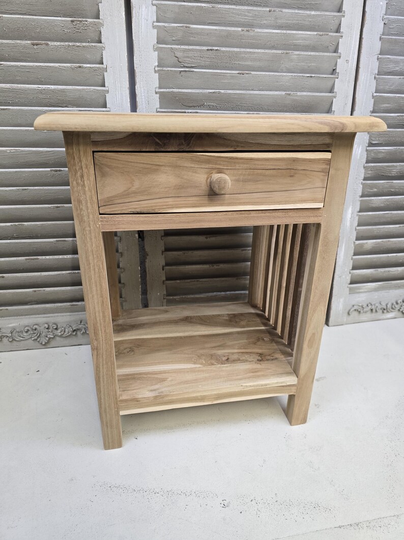 Sängbord litet trä med en låda, rektangulär design, sidobord i trä med ribbor, massiv teak, obehandlad, klar för vaxning bild 2