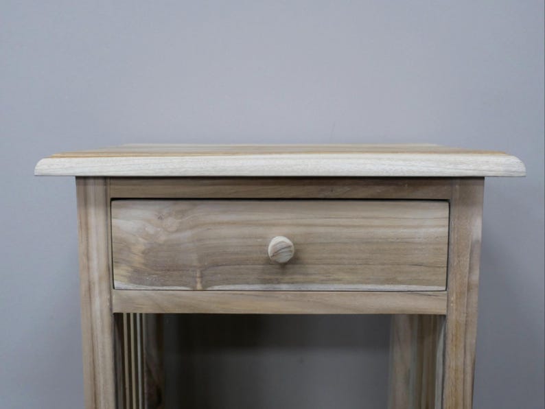 Sängbord litet trä med en låda, rektangulär design, sidobord i trä med ribbor, massiv teak, obehandlad, klar för vaxning bild 11