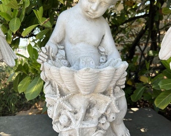 Cherub fountain Sea Shell bird feeder child baby cupid angel bird bath Statue small water feature