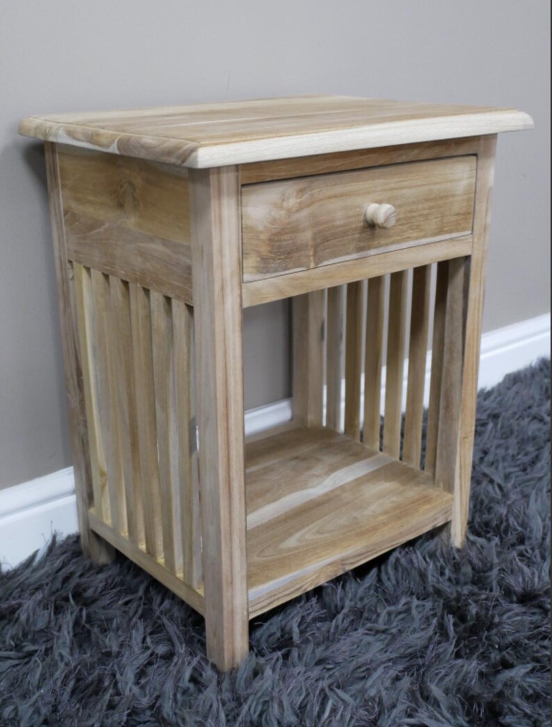 Sängbord litet trä med en låda, rektangulär design, sidobord i trä med ribbor, massiv teak, obehandlad, klar för vaxning bild 14
