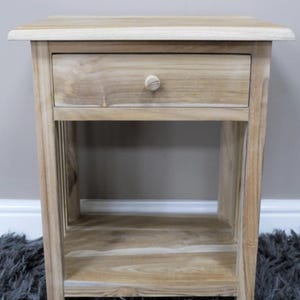 Sängbord litet trä med en låda, rektangulär design, sidobord i trä med ribbor, massiv teak, obehandlad, klar för vaxning bild 10