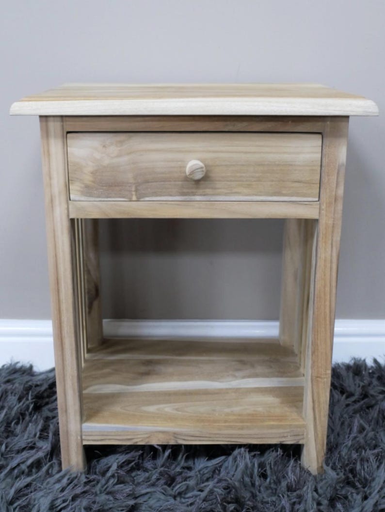Sängbord litet trä med en låda, rektangulär design, sidobord i trä med ribbor, massiv teak, obehandlad, klar för vaxning bild 10