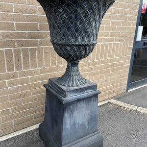 Grey urn and plinth Antique grey stone Painted Urns resin fibreglass Garden Decor Front house decor blue grey painted