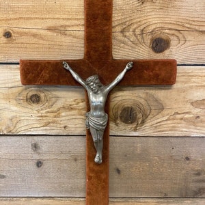 Jesus on velvet covered cross 19th century Religious iconography crucifix