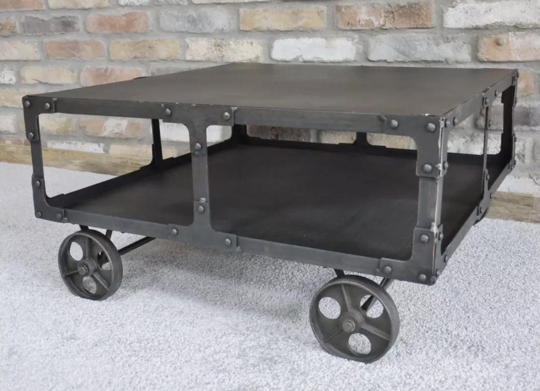 Industrial Coffee Table With Wheels Trolly Industrial Metal Square ...