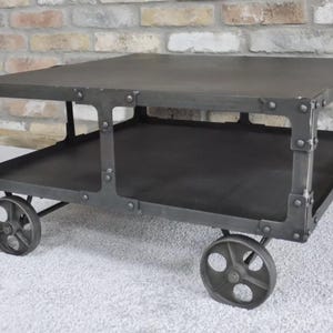 Industrial Coffee Table with Wheels Trolly Industrial metal square coffee table