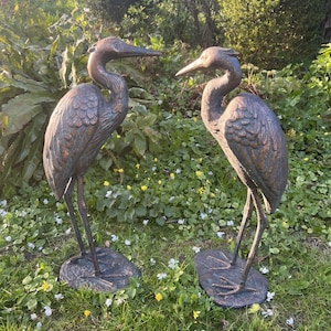 Crane Pair Bronze finish Garden Heron set Love Cranes Storks Cast Aluminium small pair of cranes
