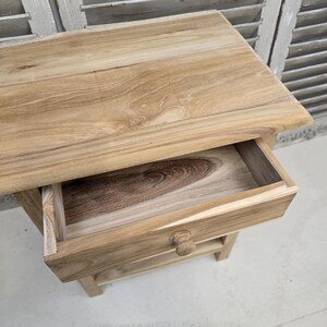 Sängbord litet trä med en låda, rektangulär design, sidobord i trä med ribbor, massiv teak, obehandlad, klar för vaxning bild 8
