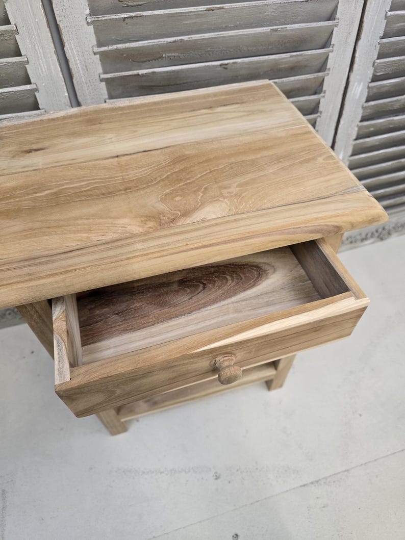 Sängbord litet trä med en låda, rektangulär design, sidobord i trä med ribbor, massiv teak, obehandlad, klar för vaxning bild 8
