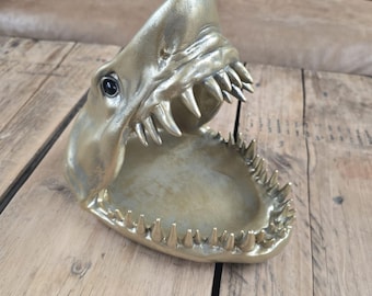 Gold shark Head Storage Dish metallic gold resin shark head trinket dish display ocean fish decor novelty gift fun funny decor money tray