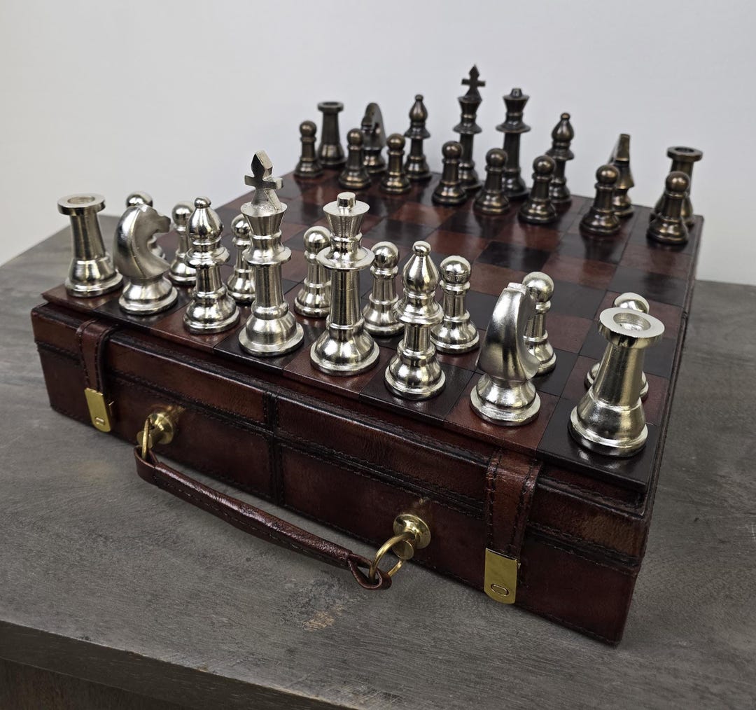 Leather Chess Set Board Game Vintage Style Hand Cast Metal Pieces ...