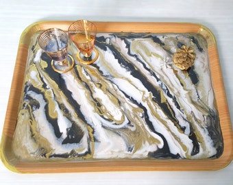 Marble white, black and gold resin epoxy tray