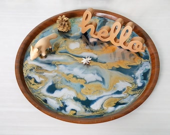 Blue large round wood and resin serving tray