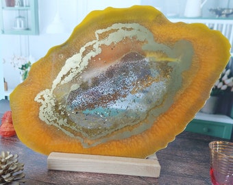 Large geode orange and gold resin epoxy tray