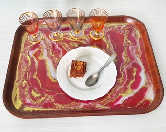 Red and gold resin serving wooden tray