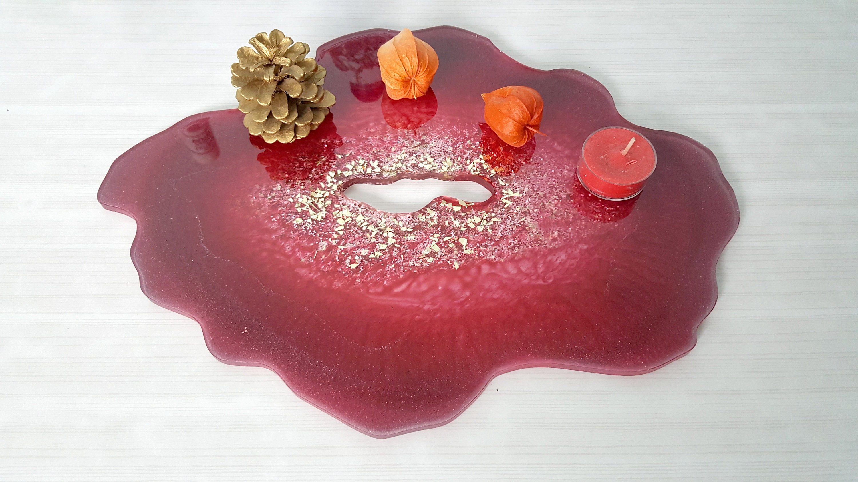 Plateau Géode en Résine Rouge et Rose