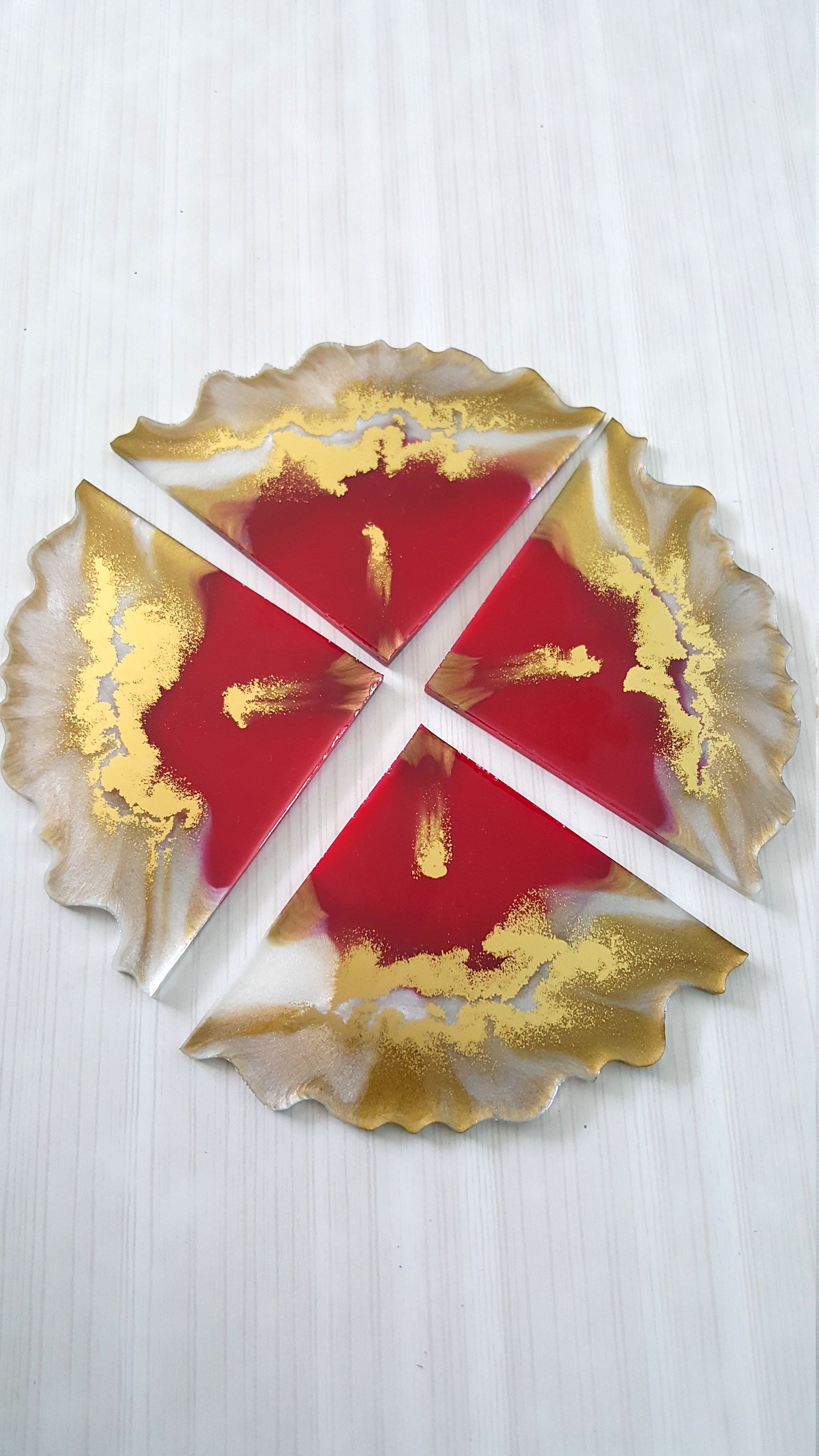 Lot de 4 Sous-Verres en Résine Rouge, Blanche et Or
