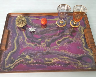 Purple vintage large wood and resin serving tray