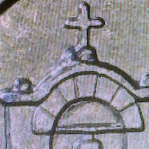 May include: A black and white illustration of a cross on top of a dome-shaped structure. The illustration is pixelated, giving it a retro video game aesthetic.