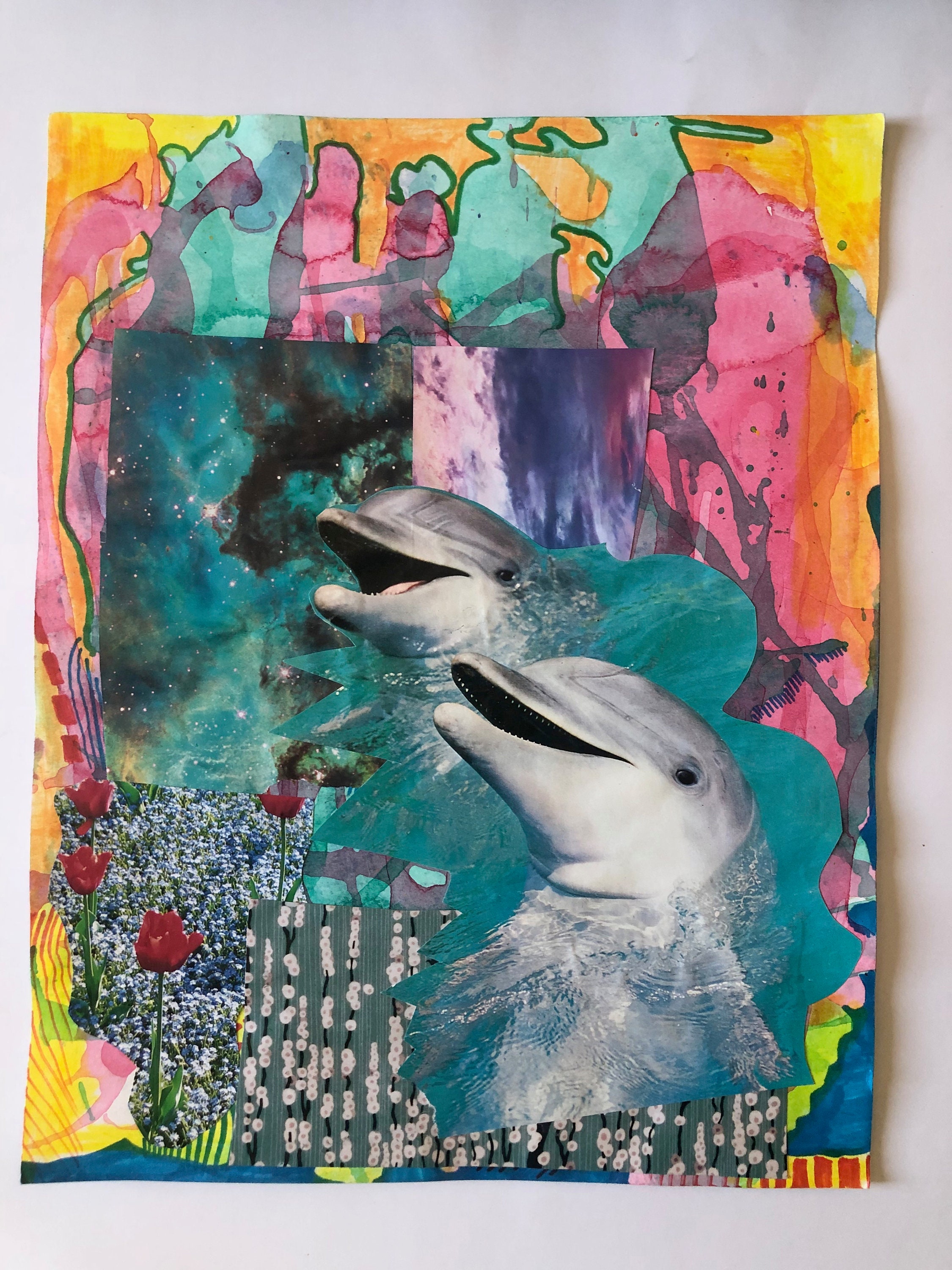 DOLPHINS, Collage Art, Contemporary Art, Paper Collage, Mixed
