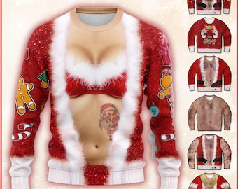 May include: A festive red Christmas jumper with a Santa Claus design, featuring a faux bikini top and a belly tattoo. The jumper has white faux fur trim and the text "AWARD WINNING DESIGN" and "30+ Legends Inside!"