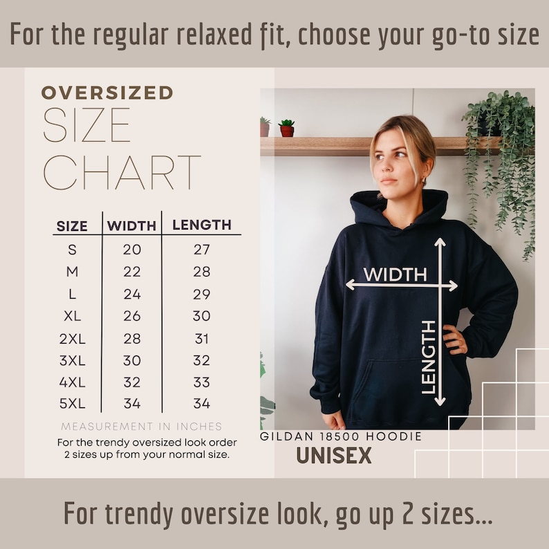 May include: Size chart for an oversized hoodie, showing measurements in inches for width and length. The chart includes sizes from S to 5XL. The chart is labeled "Oversized Size Chart" and "Gildan 18500 Hoodie Unisex".