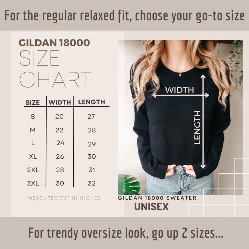 May include: Size chart for a Gildan 18000 unisex sweater, showing measurements in inches for width and length for sizes S through 3XL. The chart shows a model wearing a black sweater with the words "WIDTH" and "LENGTH" labeled on the garment.
