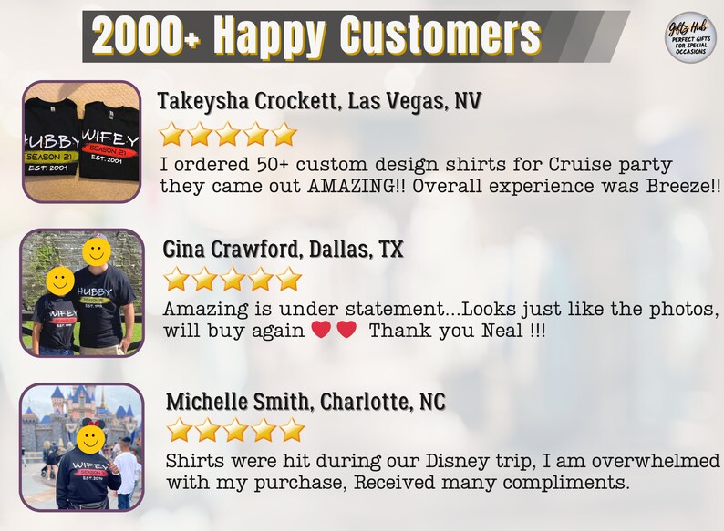 May include: Three customer testimonials with photos of couples wearing matching shirts with the text "Hubby" and "Wifey" on them. The text includes the words "Amazing", "Breeze", and "overwhelmed".