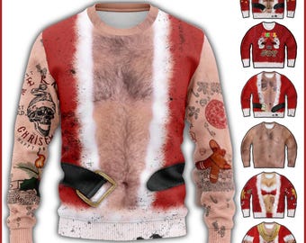 May include: A novelty Christmas sweater with a Santa Claus design, featuring a faux hairy chest and tattoos. The sweater is red and white with a black belt and gold buckle. The text "30+ Bad Boys Inside!" is visible.