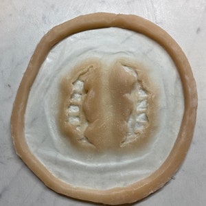 May include: A close-up of a light brown silicone mold with a raised, textured design in the center. The mold is circular and has a raised rim.