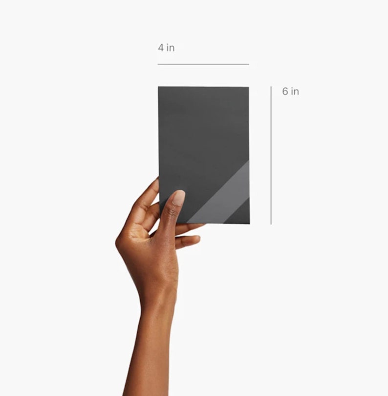 May include: A dark grey card with a light grey diagonal stripe. The card is 4 inches wide and 6 inches tall.